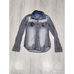 Affliction Black Premium Grey Denim Button Up Shirt Women’s Small Distressed